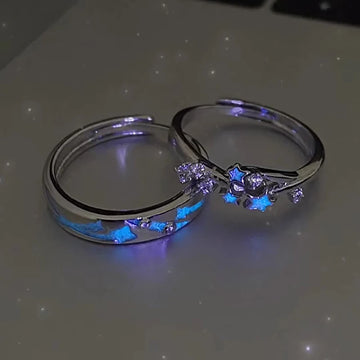 DAIIIBABYYY  -  2Pcs Fashion Blue Luminous Star Couple Ring Glow In Dark Fluorescent Zircon Ring Women Men Adjustable Finger Rings Jewelry Gifts